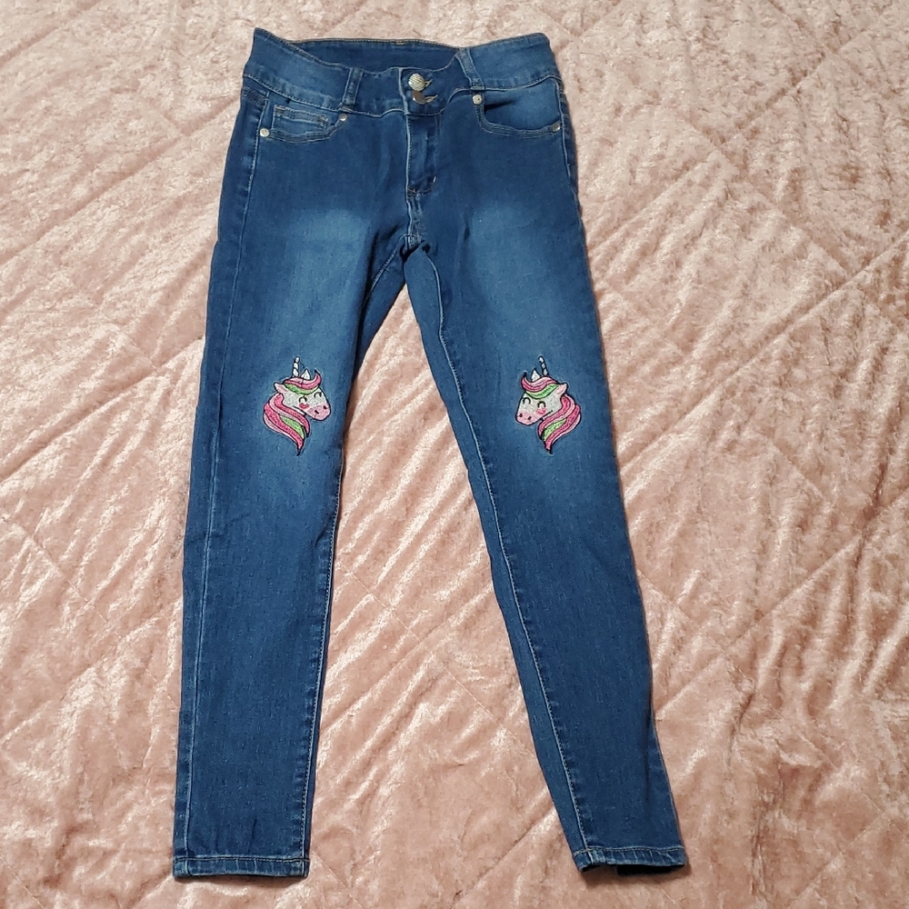Blue Unicorn Embroidered Girl's Stretchy Skinny Jeans Size 10